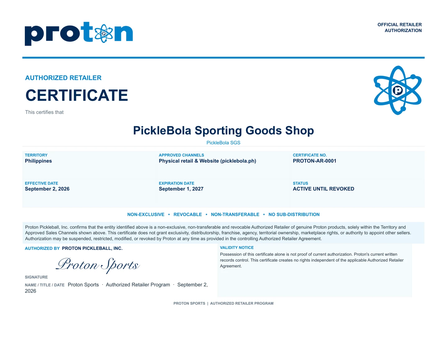Preview of Proton Authorized Retailer Certificate PROTON-AR-0001 for PickleBola Sporting Goods Shop
