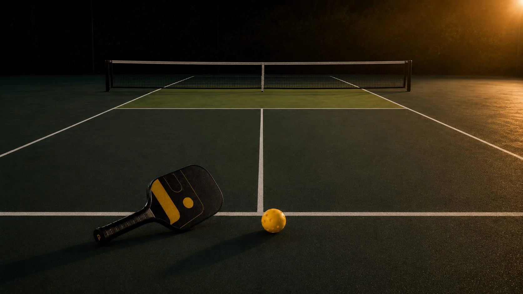 Pickleball paddle and ball on a lit court