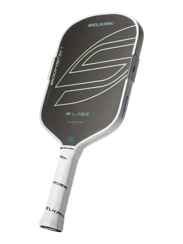 Selkirk Boomstik Raw Carbon Asia Everglade Elongated — manufacturer angled view Selkirk LABS Boomstik Raw Carbon Asia Elongated in Everglade, manufacturer angled view
