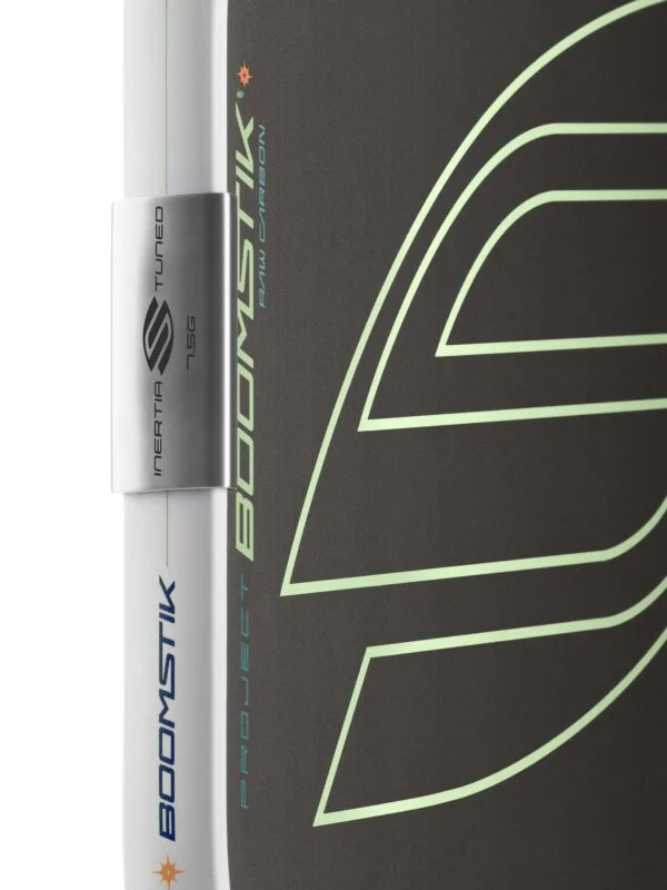 Selkirk Boomstik Raw Carbon Asia Everglade Elongated — raw carbon texture and MOI weight detail Selkirk LABS Boomstik Raw Carbon Asia Elongated in Everglade, raw carbon texture and MOI weight detail
