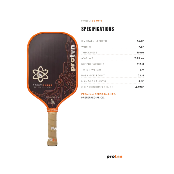 Proton Project Coyote Elongated 15mm Pickleball Paddle gallery image 3 Proton Project Coyote paddle front view beside its specification chart
