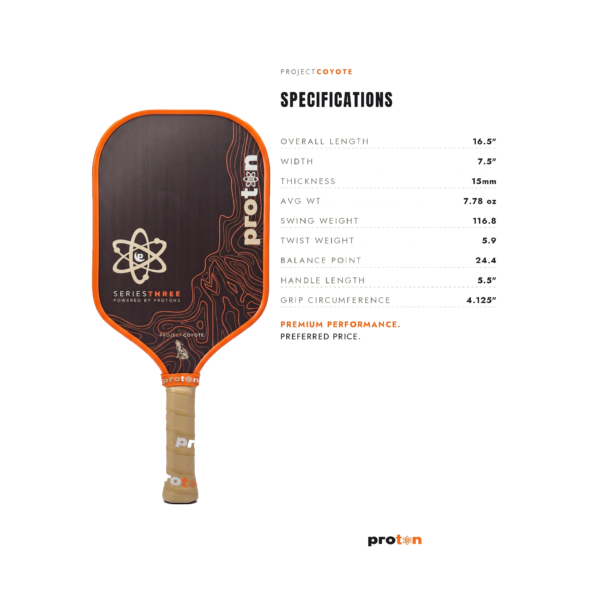 Proton Project Coyote Elongated 15mm Pickleball Paddle gallery image 3 Proton Project Coyote Elongated 15mm Pickleball Paddle official product detail