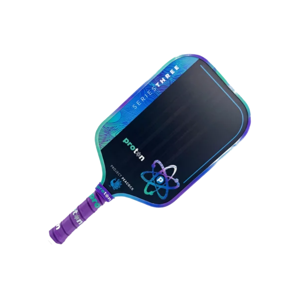 Proton Project Peacock paddle with purple grip and multicolor edge, angled view